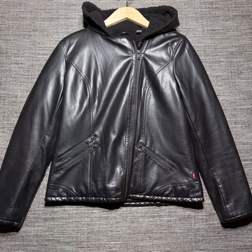 Levi's Faux Leather Jacket Women M Black LS LW8KU163 Sherpa Hooded Moto Zip